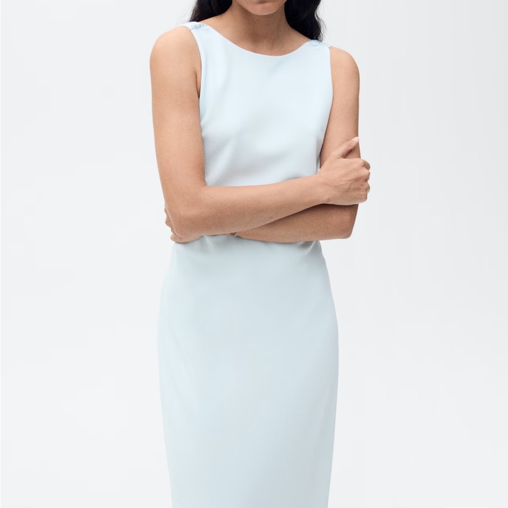 Mango Light Blue Sleeveless Dress with draped back